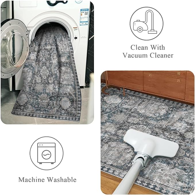 RUGSURE Washable Area Rugs - Perfect for Living Room, Bedroom, Kids Room, Nursery - Stain & Water Resistant Non-Slip, Pet & Child Friendly, Vintage Tribal Area Rugs (Grey and Blue, 4' x 6')