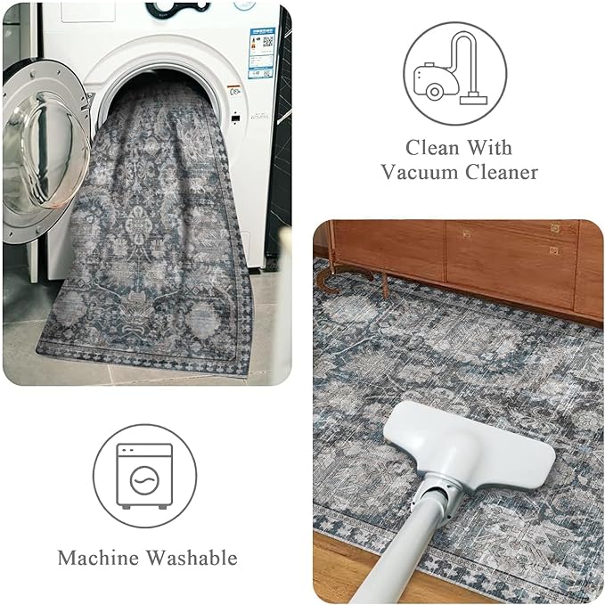 RUGSURE Washable Area Rugs - Perfect for Living Room, Bedroom, Kids Room, Nursery - Stain & Water Resistant Non-Slip, Pet & Child Friendly, Vintage Tribal Area Rugs (Grey and Blue, 6' x 9')