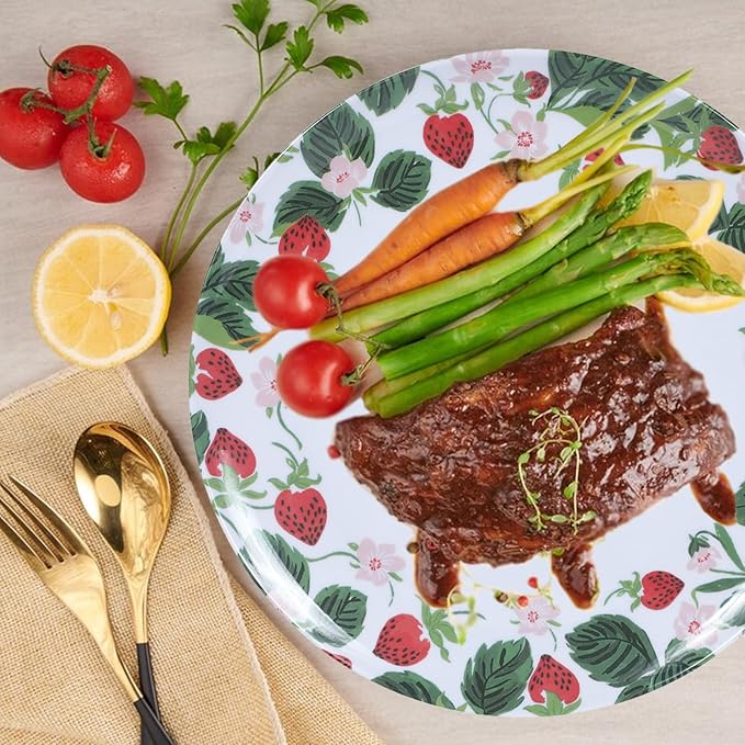 12-Piece Melamine Dinner Plates - 10 Inch Lightweight, Durable & Unbreakable Round Plates for Indoor/Outdoor Use - Strawberry