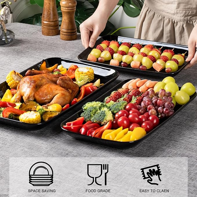 DELLING Large Serving Platter, 16/14/12inch Black Serving Tray Set- Rectangular Serving Platters for Party, Entertaining, Turkey Platter for Thanksgiving, Christmas, Microwave Dishwasher Oven Safe