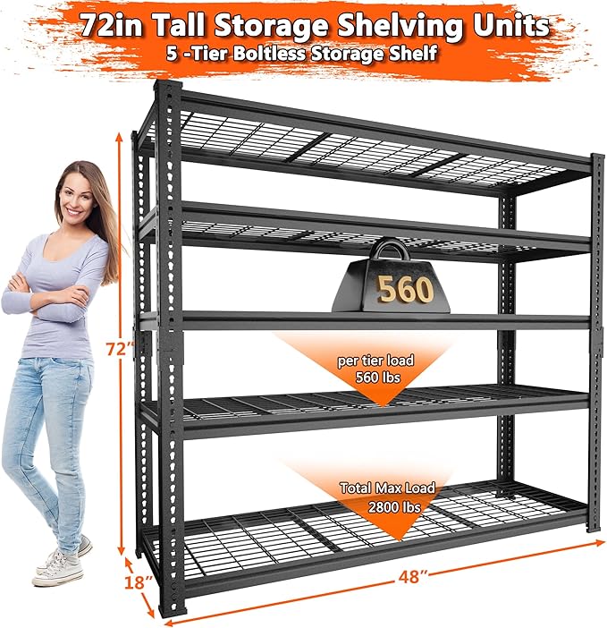 Storage Shelves Heavy Duty, 4 PCS 48" L x 18" W x 72" H Garage Wire Shelving Unit Loads 2800LBS, 5-tier Adjustable Metal Industrial Utility Shelf Rack for Kitchen, Laundry Room, Warehouse, Basement