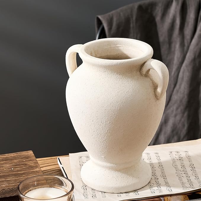 Ceramic Rustic Flower Vase with Handles, 8.46 Inch Tall Vintage Pottery Home Decor, Farmhouse Terracotta Vase for Living Room, Table, Shelf, Mantel Decoration, Farmhouse- White
