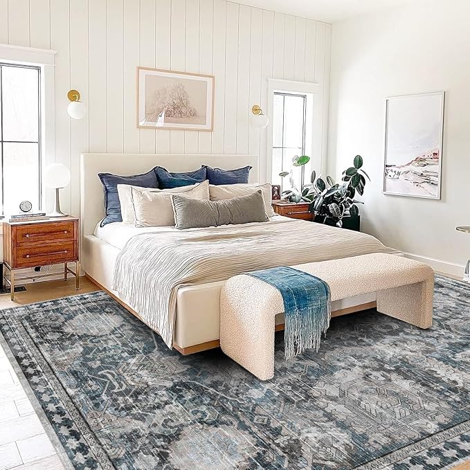 RUGSURE Washable Area Rugs - Perfect for Living Room, Bedroom, Kids Room, Nursery - Stain & Water Resistant Non-Slip, Pet & Child Friendly, Vintage Tribal Area Rugs (Grey and Blue, 6' x 9')