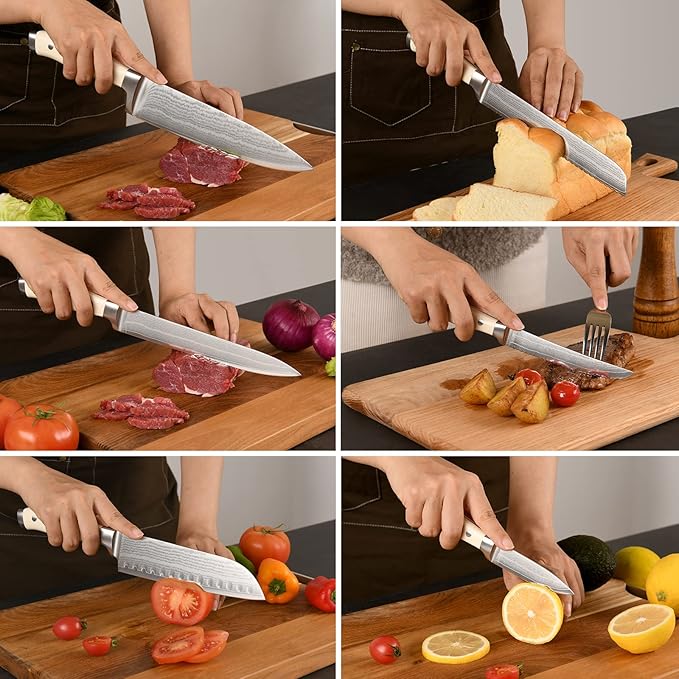 Knife Set, 14 Pieces Damascus Kitchen Knife Set with Block, ABS Ergonomic Handle for Chef Knife Set, Knife Sharpener and Kitchen Shears, Knife Block Set for Chopping, Slicing & Cutting
