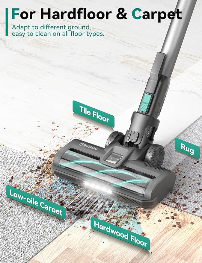 DEVOAC S10K Cordless Vacuum Cleaner, 45Kpa 50mins Lightweight Stick Vacuum with Powerful Suction for Home, Rechargeable, Self-Standing, Handheld Vacuum Cleaners for Hardwood Floors, Carpets, Pet Hair