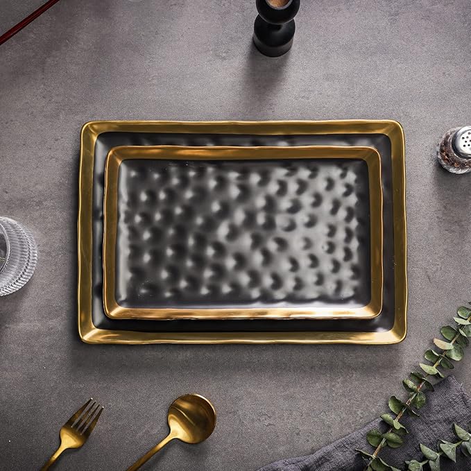 Stone Lain Florian Porcelain Large and Medium Rectangle Service Platters, Black with Gold Rim