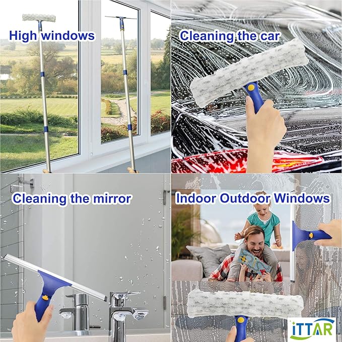 ITTAR Window Squeegee Cleaner Kit, 5Ft Extendable Stainless Steel Pole with Rotatable Rubber Squeegee & 2 Microfiber Scrubber Pads, Professional Window Cleaning Tool for Home, Shower, Car, Windshield