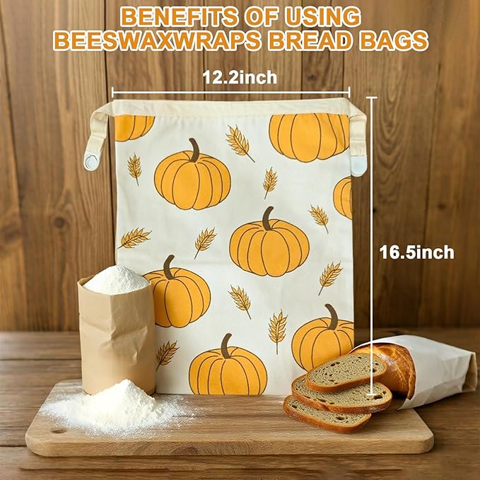 2 Pack Reusable Beeswax Bread Bag for Sourdough & Homemade Bread with Zipper– Beeswax Lined Bread Bags, Plastic-Free Sourdough Bread Storage, Autumn Pumpkin Design for Thanksgiving & Fall Baking