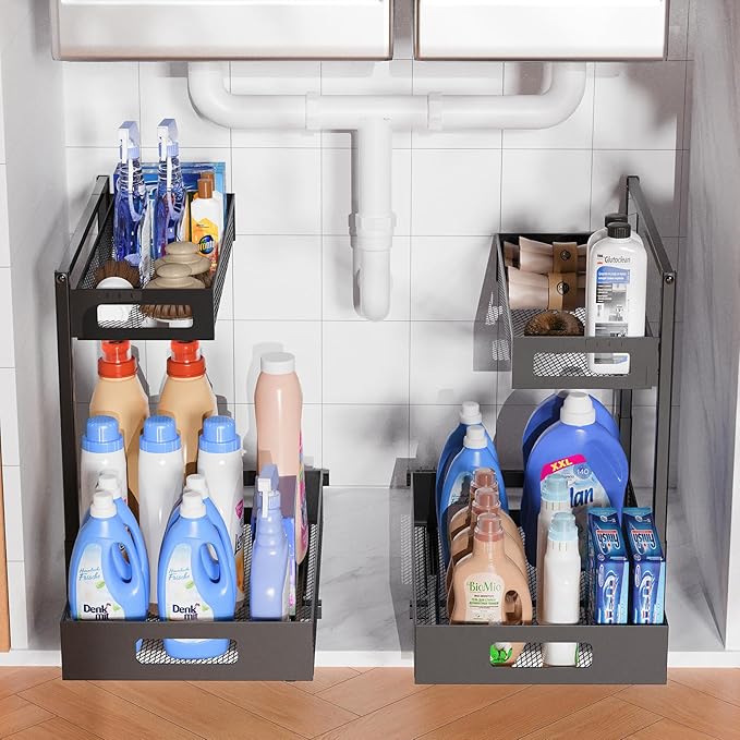 Under Sink Organizer, Silk-Smooth Metal Sliding Drawer Organizers and Storage Rack, Pull Out Cabinet Shelf for Kitchen, Bathroom, Pantry, Cabinet, Closet