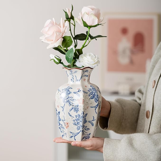 Blue and White Vase, Vintage Blue Ceramic Flower Vessel,Ceramic vases for Home Decor,Vintage Green and Beige for Console Table Mantle Chinoiserie Decor (Blue and White-02, Large)