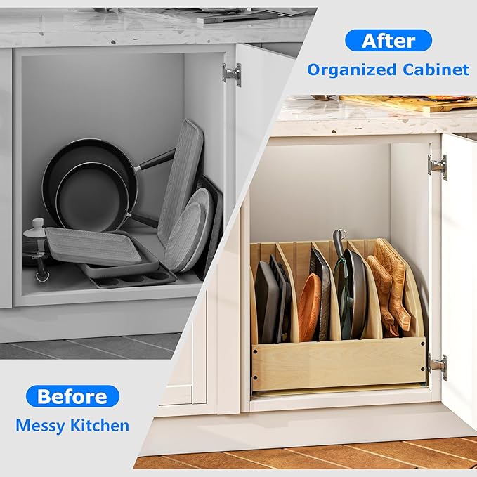 WelFurGeer Birchwood Pot and Pan Organizer with Soft-Close Drawer, Pull Out Cabinet Organizer, Heavy-Duty Slide-Out Storage for Baking Sheets, Cutting Boards, and Kitchen Utensils