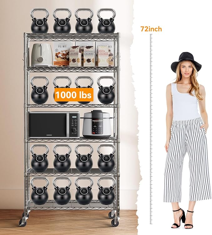 YNN Storage Shelves,6000Lbs 6 Tier Heavy Duty Metal Rolling Shelving Unit with Wheels & 8 Hooks, Adjustable Garage Wire Rack for Kitchen, Bathroom,Industrial,Pantry(36" W x 14" D x 72" H, Chrome)