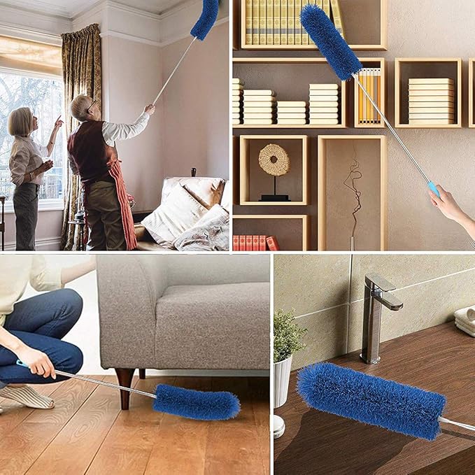 Microfiber Feather Duster with Extendable Pole, 100 inches Extra Long Cobweb Duster for Cleaning, Bendable Head, Non-Scratch, Washable Duster for Ceiling, Fan, Furniture Blue