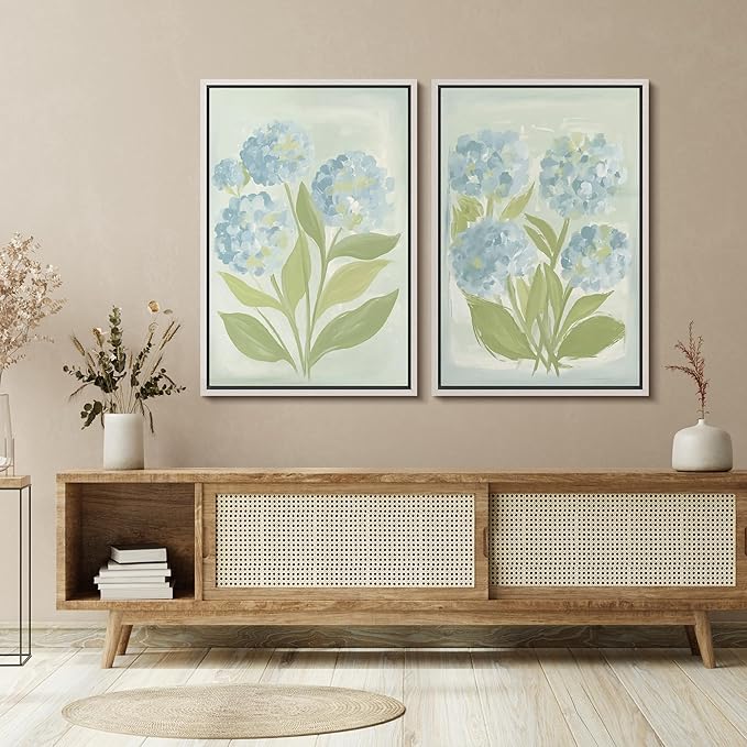 SIGNFORD Framed Canvas Print Wall Art Set Soft Hydrangea Pair Light Blue Florals with Green Leaves Illustration Modern Art Decorative Nordic Nature for Living Room, Bedroom, Office - 24"x36"x2 White