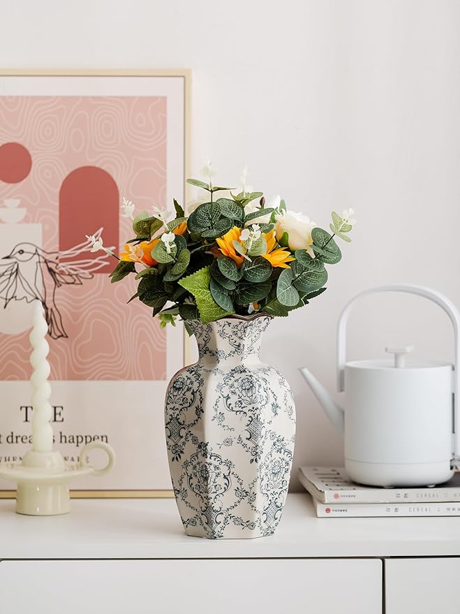 Blue and White Vase, Vintage Blue Ceramic Flower Vessel,Ceramic vases for Home Decor,Vintage Green and Beige for Console Table Mantle Chinoiserie Decor (Retro-03, Large)