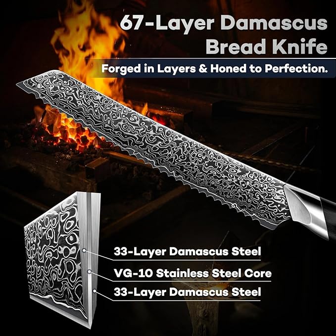 DRAGON RIOT 8 Inch Bread Knife with Damascus Pattern, VG10 Steel Core, High Carbon Stainless Steel Serrated Blade, Ergonomic Curved Handle, Easy to Clean, Kitchen & Baking Gift