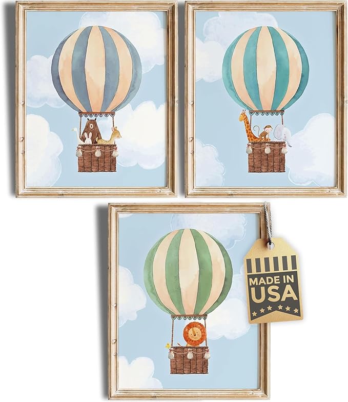 Hot Air Balloon Art Prints (Set of 3) - Unframed - 8x10s | Nursery Wall Decor | Elevate Your Nursery Decor with this Charming Wall Decor | Modern Wall Decor for Your Little One's Room