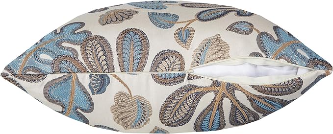 Mika Home Set of 2 Jacquard Tropical Leaf Pattern Throw Pillow Covers Decorative Pillowcase 20X20 Inches,Blue Cream
