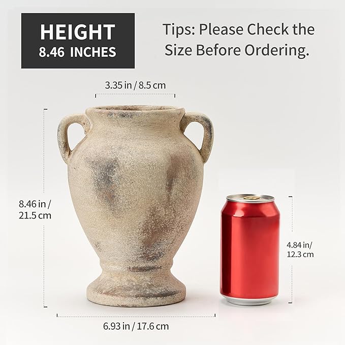 Ceramic Rustic Flower Vase with Handles, 8.46 Inch Tall Vintage Pottery Home Decor, Farmhouse Terracotta Vase for Living Room, Table, Shelf, Mantel Decoration, Farmhouse- Brown