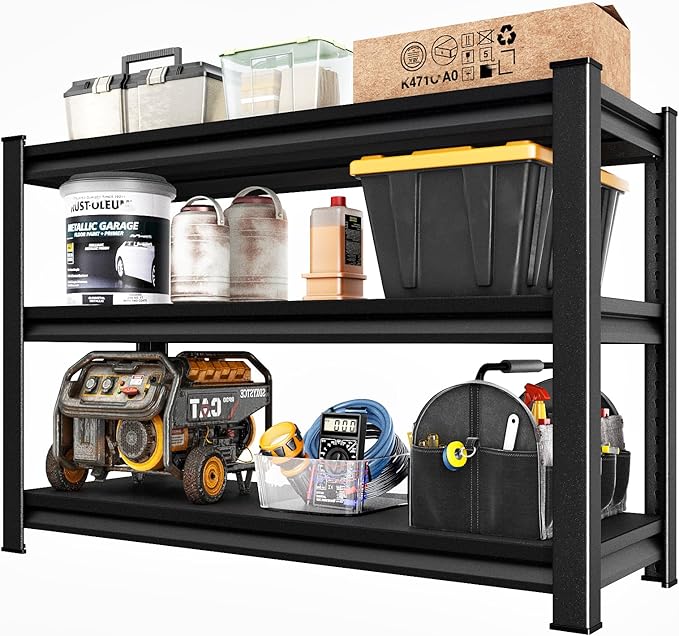 Garage Storage Shelves Heavy Duty, 48”W Shelving Units and Storage Rack, 1650LBS Loads Shelving Units, Adjustable 3-Tier Metal Shelves for Industrial Storage, 48”W×16”D×36”H,Black