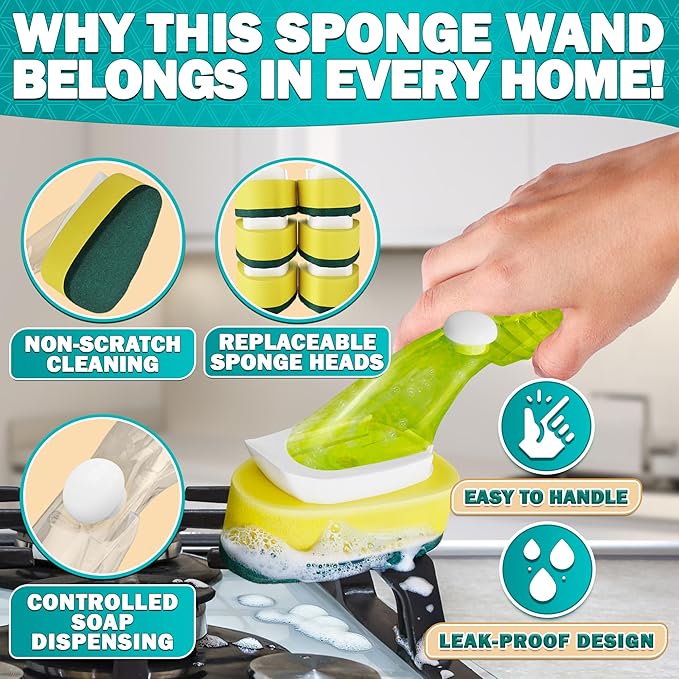Dish Sponge with Handle – High-Density Absorbent Dish Washing Brush with Handle for Quick & Easy Dishwashing – Non-Scratched Cellulose, Leak-Proof Design for No-Mess Soap Application & Comfortable Use