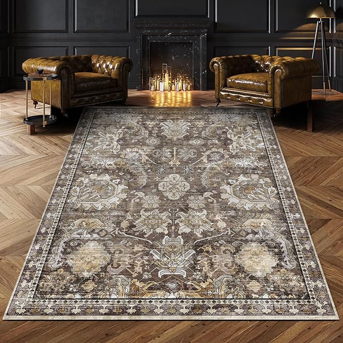 RUGSURE Washable Area Rugs - Perfect for Living Room, Bedroom, Kids Room, Nursery - Stain & Water Resistant Non-Slip, Pet & Child Friendly, Vintage Tribal Area Rugs (Ivory, 5' x 7')