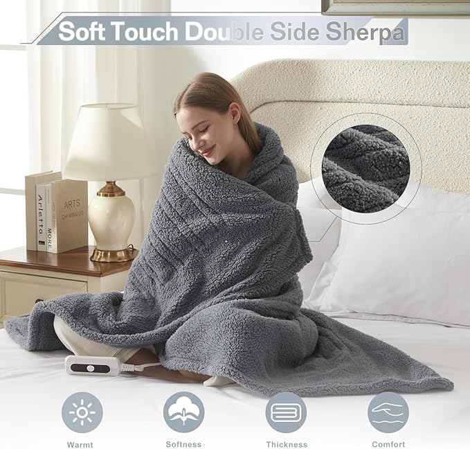 Heated Throw Blanket Double Sided Sherpa, Soft Heating Electric Blanket for Bed, Automatic Safety System, 6 Heating Levels & 4 Hours Auto-Offf, 50"x60" Dark Grey