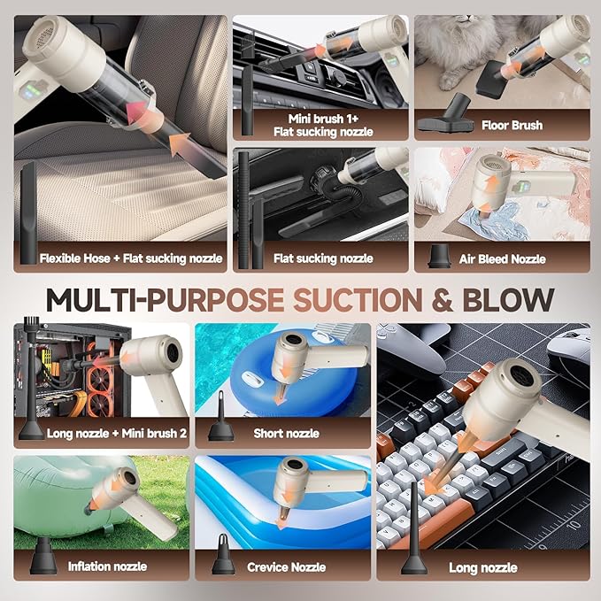 Car Vacuum, Handheld Car Vacuum Cleaner Cordless with Brushless Motor, 20000PA Suction High Power Rechargeable Vacuum Cleaner & Air Duster, 4-in-1 Portable Mini Hand Vacuum Blower with LED Display