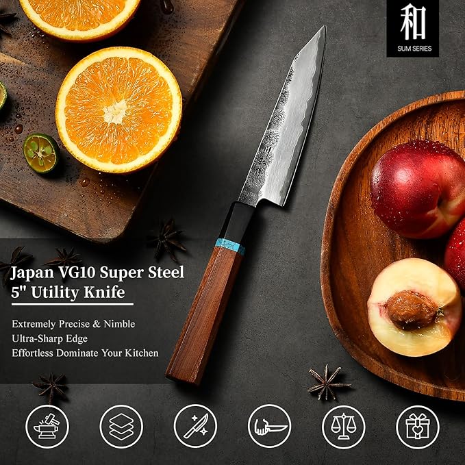 KAWAHIRO Japanese Utility Knife, 5 inch Handcrafted VG10 Stainless Steel Paring Knife, Professional Black Forged Multipurpose Kitchen Knives with Ergonomic Handle Grip and Gift Wood Box