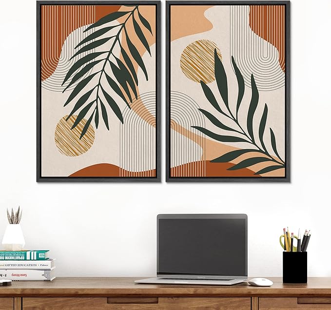 SIGNFORD Framed Canvas Print Wall Art Mid-Century Palm Leaf and Geometry Symbols Abstract Shapes Illustrations Modern Boho Nature Colorful Chic for Living Room, Bedroom, Office - 24"x36"x2 Black