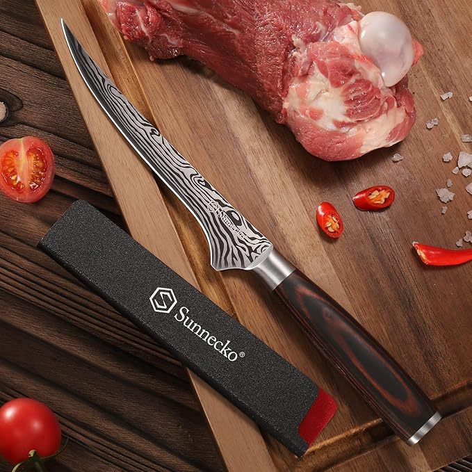 Sunnecko Boning Knife with Pakkawood Handle,6 inch High Carbon German Stainless Steel Fillet Knife for Meat and Poultry