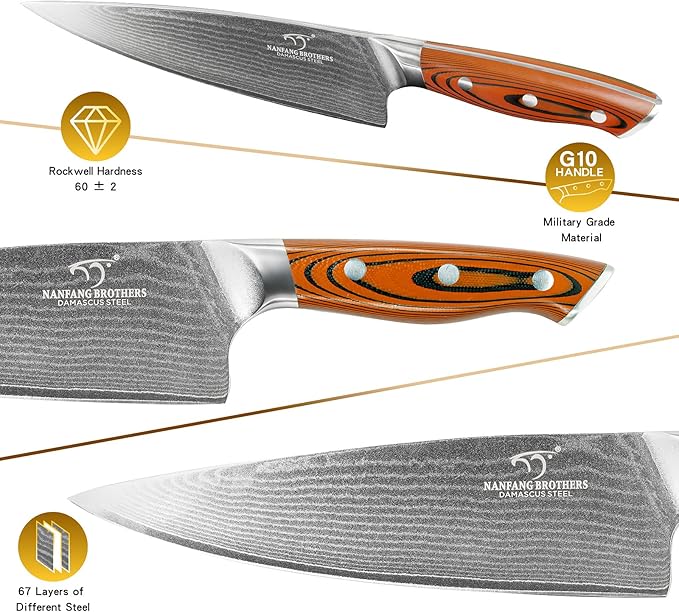 Damascus Kitchen Knife Set, 9-Piece Knives Set for Kitchen with Block, Non-slip G10 Ergonomic Triple Rivet Handle for Chef Knives, Knife Sharpener and Kitchen Shears, Natural Wood Block (Red)