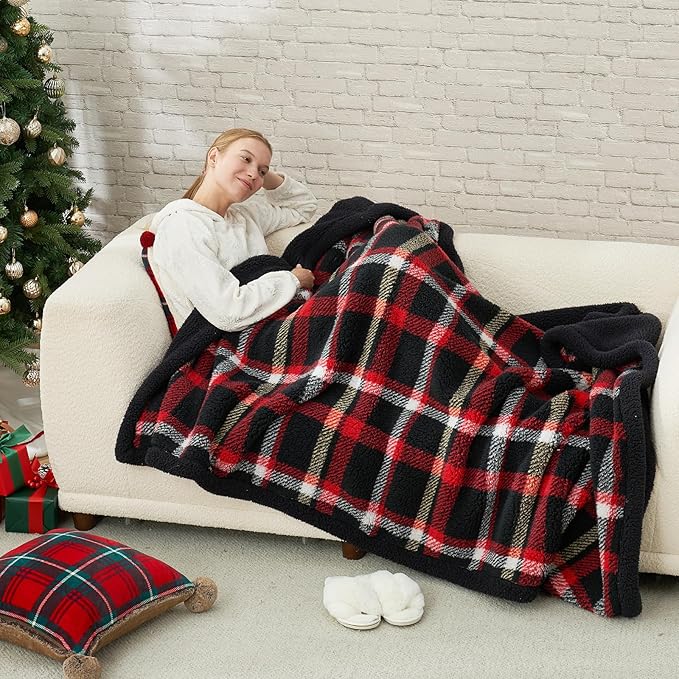 Cozy Bliss Luxury Sherpa Throw Blanket for Couch, Premium Reversible Buffalo Plaid Thick Throw, Warm Cozy Soft Blanket for Home and Gifts (Scotland Plaid Red, 50" x 60")