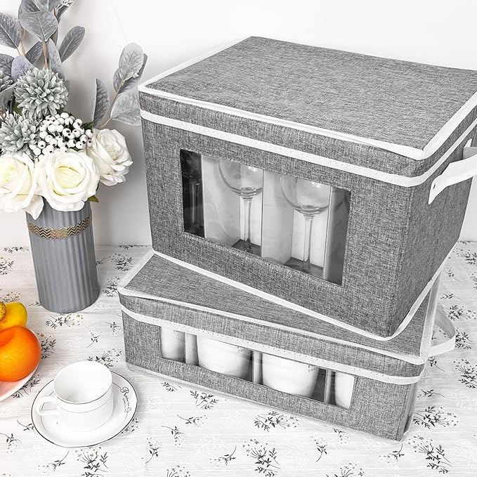 homyfort Mug and Wine Glass Storage Box with Dividers, Stemware Storage Cases and Coffee Cup Storage Organizer, China Crystal Storage Containers Hard Shell for Glassware Protection and Moving (Grey)