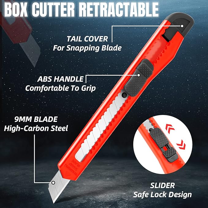 10 Pack Box Cutter Retractable, 9MM Snap-Off Blade Utility Knife, Razor Knife with Self-Lock Design, Box Cutter Knife Exacto Knife for Cutting Boxes, Carton, Cardboard, Disposal Box Opener