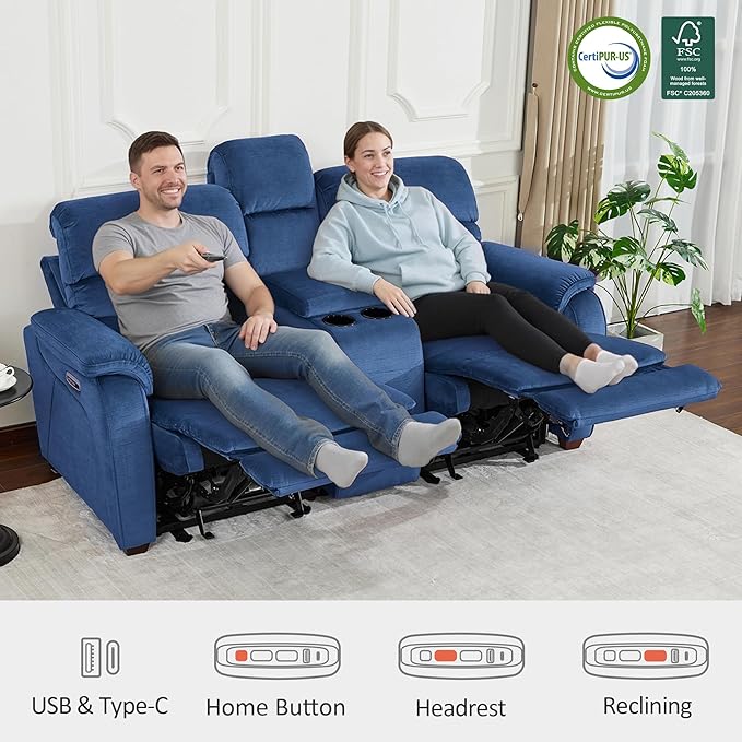 MCombo Zero Wall Recliner Loveseat with Console, Power Recliner Loveseat with Adjustable Headrest, USB A & C Charge Ports, Cup Holders, for Living Room, RVs, Small Spaces (Fabric, ST258M2, Navy Blue)