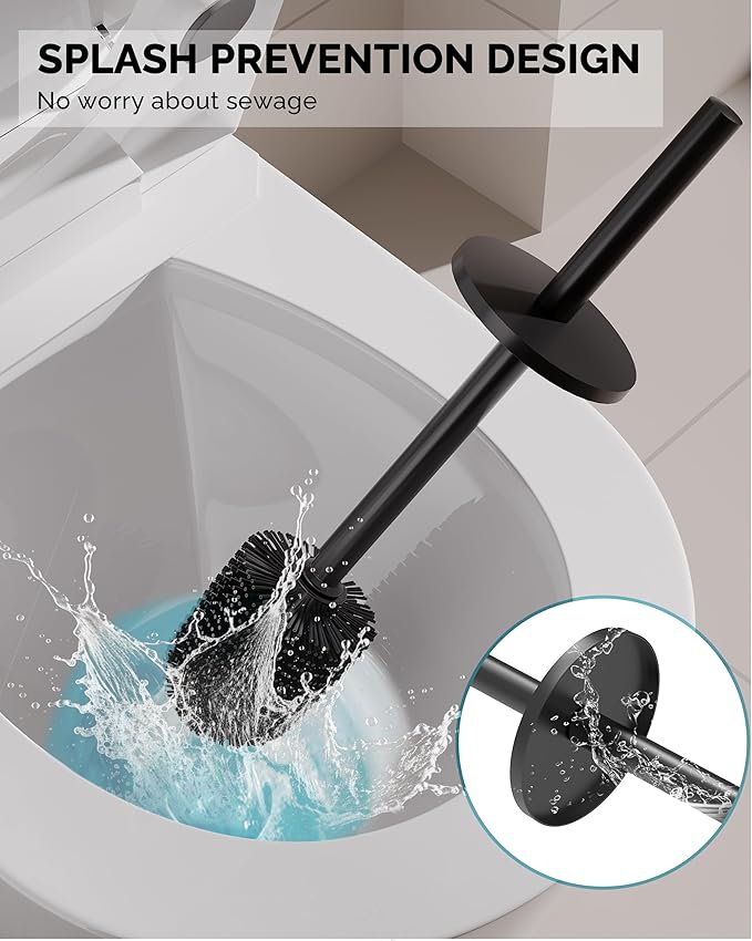Toilet Brush and Holder Set, Stainless Steel Toilet Bowl Brush with Lid, Rust Proof Toilet Cleaner Brush with Caddy, Durable Bristles, Splash Proof, Ideal for Bathroom(1 Pack, Matte Black)