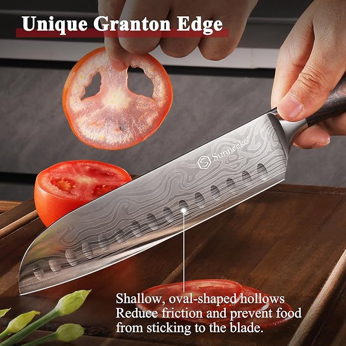 Sunnecko Chef Knife Sharp Santoku Knife 7 Inch, High Carbon Stainless Steel Chopping Knife Vegetables, Cooking Knife with Wood Handle, Gifts for Men and Women