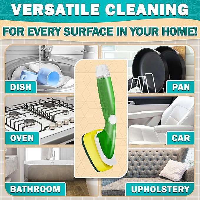 Dish Sponge with Handle – High-Density Absorbent Dish Washing Brush with Handle for Quick & Easy Dishwashing – Non-Scratched Cellulose, Leak-Proof Design for No-Mess Soap Application & Comfortable Use