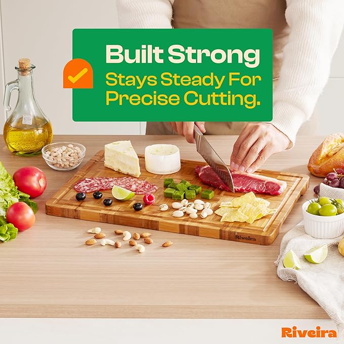 Riveira Bamboo End Grain Wood Cutting Board – Gourmet Bamboo Grandeur: 20 x 14 Wooden Cutting Boards – Wooden Cutting Boards For Kitchen Decorative – Innovative Juice Grooves End Grain Cutting Board