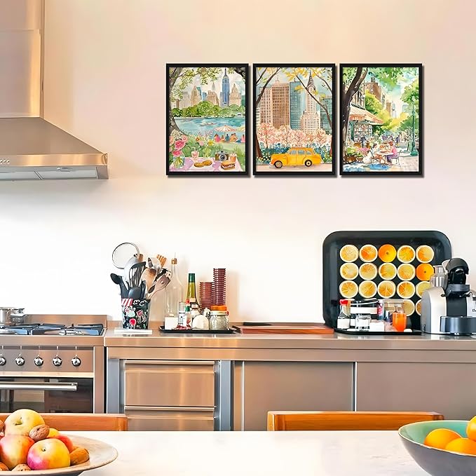 MUWAK Framed New York City Canvas Wall Art Set of 3 – Colorful NYC Skyline Central Park Yellow Taxi Posters, Modern Urban Landscape Wall Decor for Living Room Bedroom Office – 12x16in