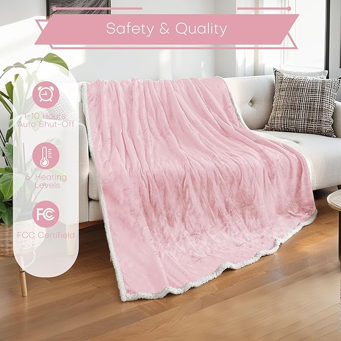 Electric Heated Blanket Full Size 72"x84" - Flannel & Sherpa Fabric Dual-Sided, 6 Heat Settings & 1-10 Hours Auto Off, Soft & Cozy Warming Throw for Home, Office, or Bed, Machine Washable, Light Pink