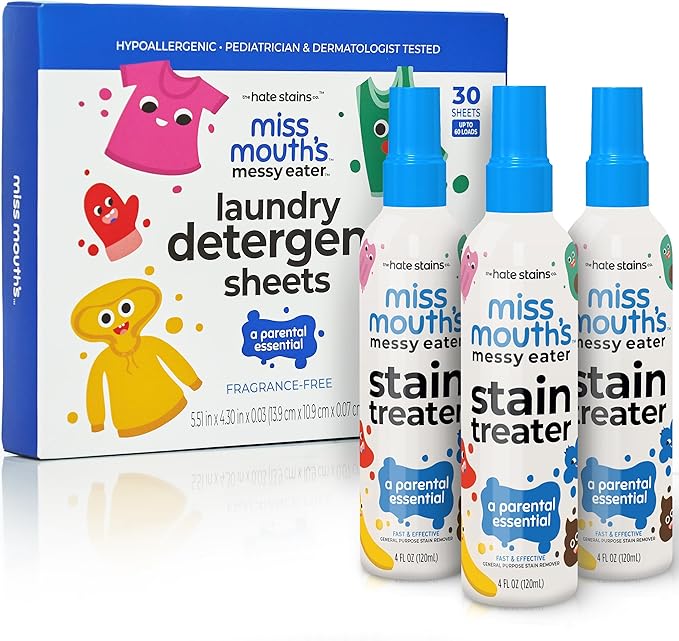 Miss Mouth’s Messy Eater Stain Treater Stain & Suds Duo Pack - 3 Pack Spray and 30 Pack Detergent Sheet bundle - Newborn & Baby Essentials - Food, Grease, Coffee Off Laundry, Underwear, Fabric