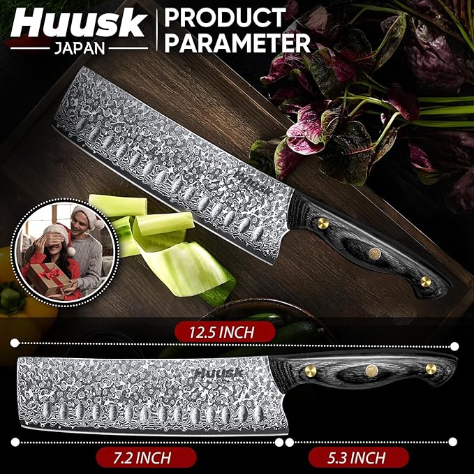 Huusk Damascus Nakiri Knife 7inch - Japanese Knives with Sharp Edge and Wooden Handle, Hand Forged Chef Knives for Home Use, Meat Vegetables Fish Knives, Birthday Dad Mom Gift