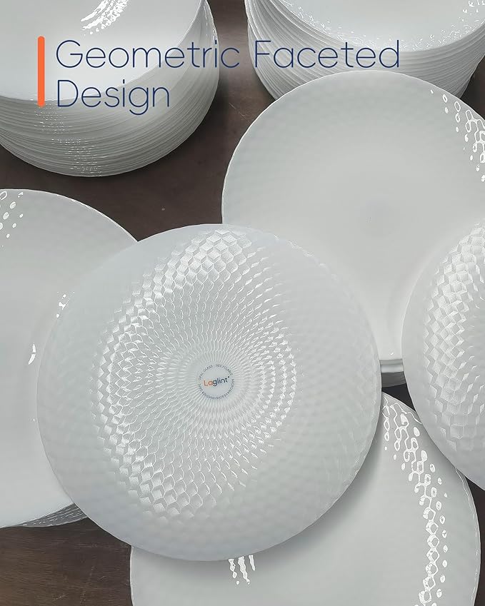 7.5 inch Salad Appetizer Plate Set of 6, Opal Glass Light and Durable Geometric Faceted Small White Plates for Dessert, Kitchen, Dishwasher and Microwave Safe