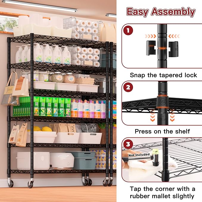 PrimeZone 6 Tier Wire Shelving with Wheels,Metal Shelf Heavy Duty Adjustable Kitchen Storage Shelves Unit, Pantry Organizer Rack Rolling for Garage Closet Laundry 36" W x 16" D x 79" H 2 Pack