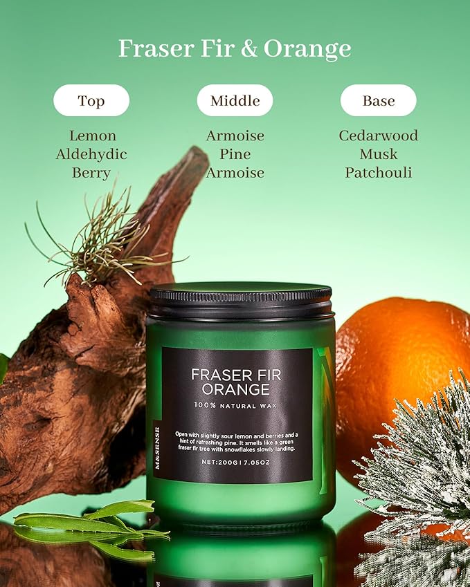 M&SENSE Fir & Orange Scented Natural Soy Wax Non Toxic Candle for Home, Cotton Wick Christmas Tree Scented 7.05oz Up to 50 Hours Holiday Aromatherapy Candle for Relaxation
