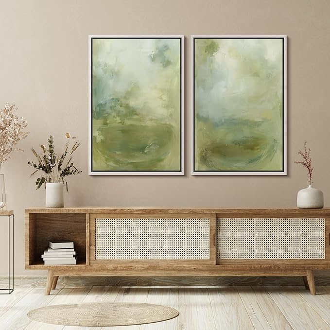 SIGNFORD Framed Canvas Print Wall Art Set Soft Green Abstract Contemporary Neutral Landscape Illustration Modern Art Decorative Nordic Nature for Living Room, Bedroom, Office - 24"x36"x2 White