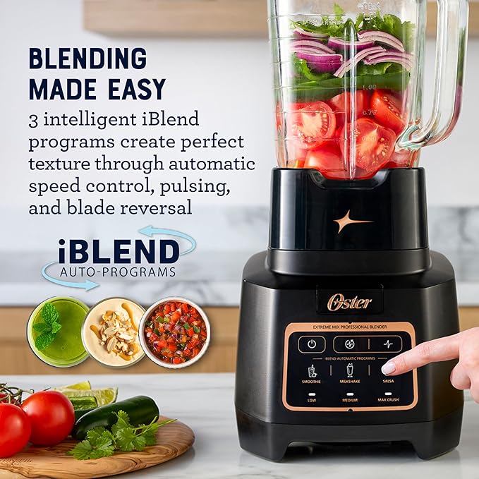 Oster Extreme Mix Blender, 8-Cup Glass Jar, 3 iBlend Preset Functions, 1600-Watts, 10-Point Blade Stack with Titanium Coating & Blend-N-Go Cup