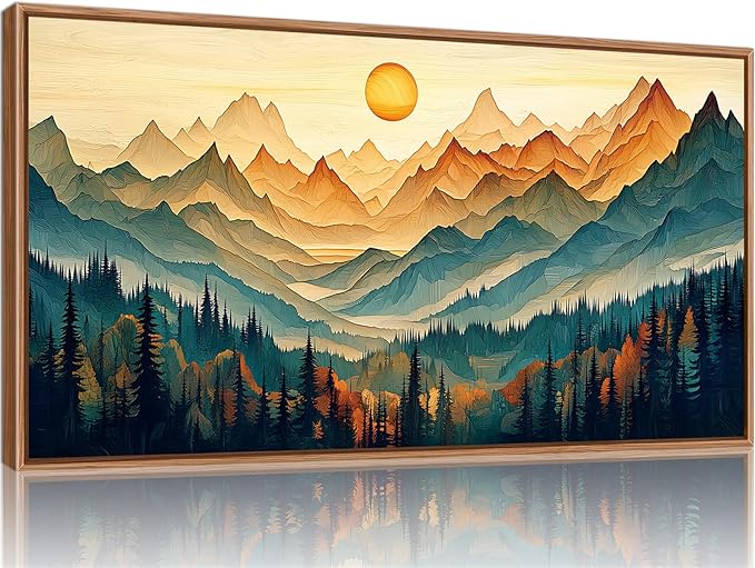 Tinonedraw Large Mountain Framed Canvas Wall Art, Boho Nature Forest Wall Decor, Neutral Wooden Pine Trees Artwork, Sunrise Ridge Landscape Art Printing for Living Room Bedroom Office 20"x40"